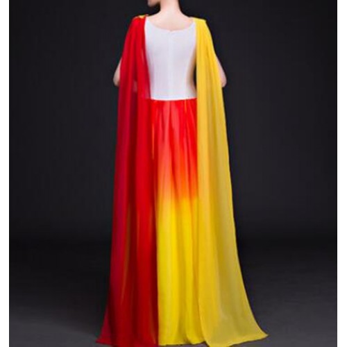 Women's chinese folk dance dresses red with yellow ancient traditional classical dance fiary drama cosplay princess dress